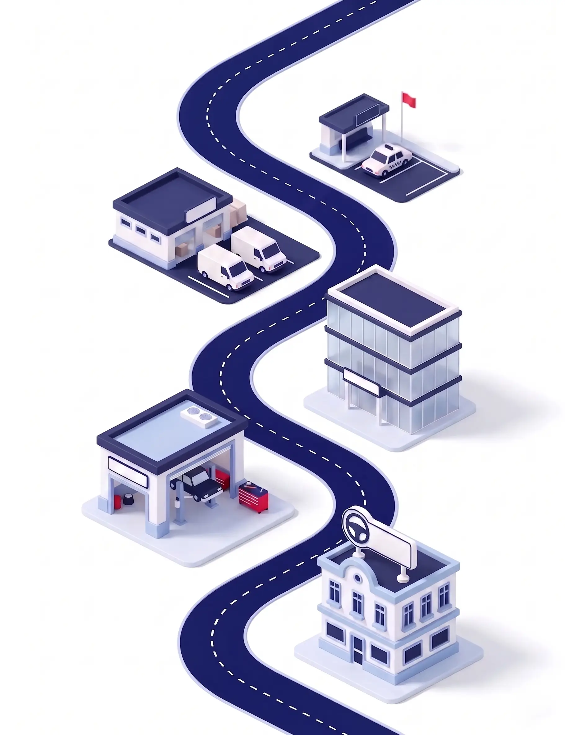 Illustration d'un village miniature relié par une route : auto-école, garage, entreprise, flotte de véhicules et station de taxi